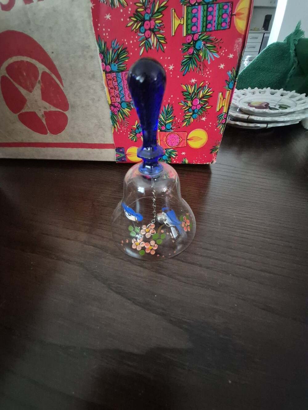 Vintage Hand Blown Art Glass Bell Cobalt Blue Handle Birds Flowers